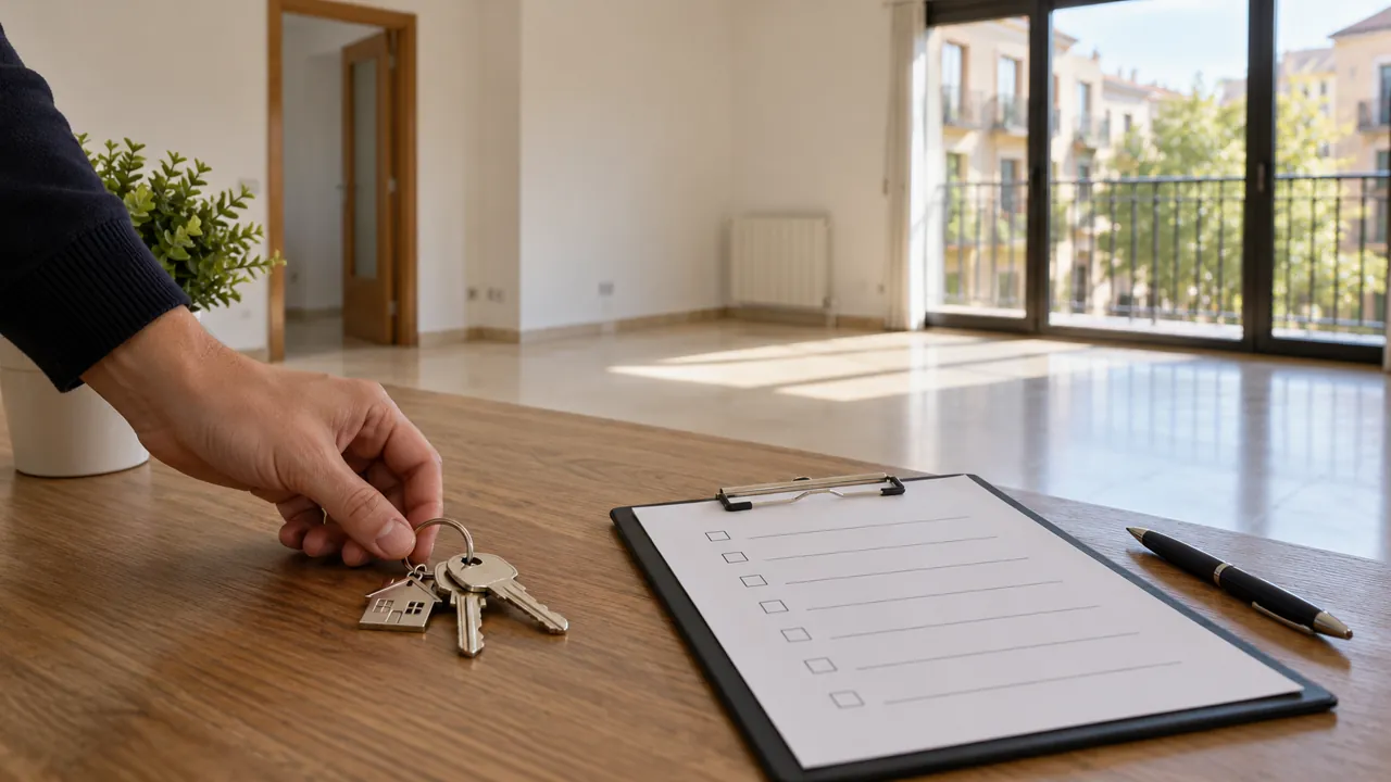 Entrega de llaves junto a una hoja de comprobación en una vivienda