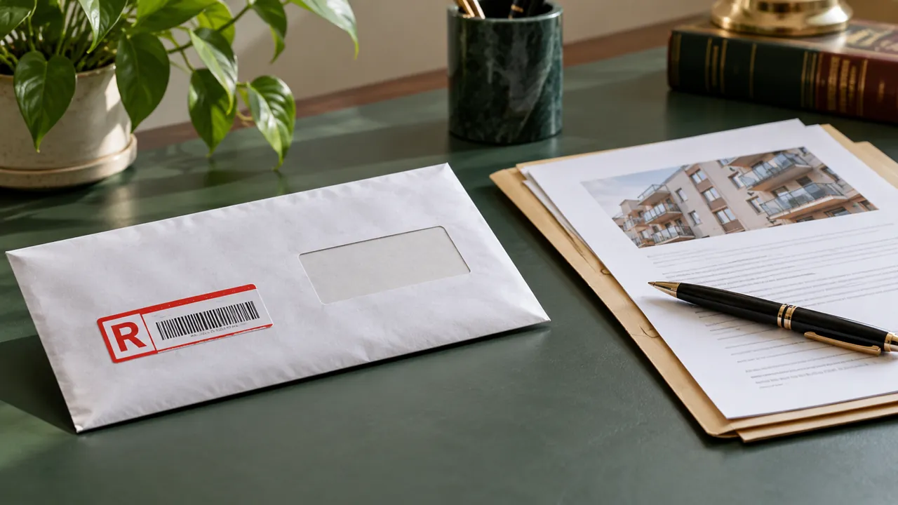 Sobre de correo certificado junto a una carpeta de alquiler y un bolígrafo
